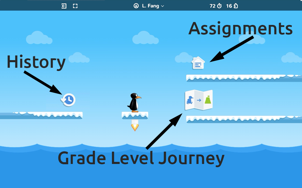 Student home screen with history, journey, and assignments labeled.