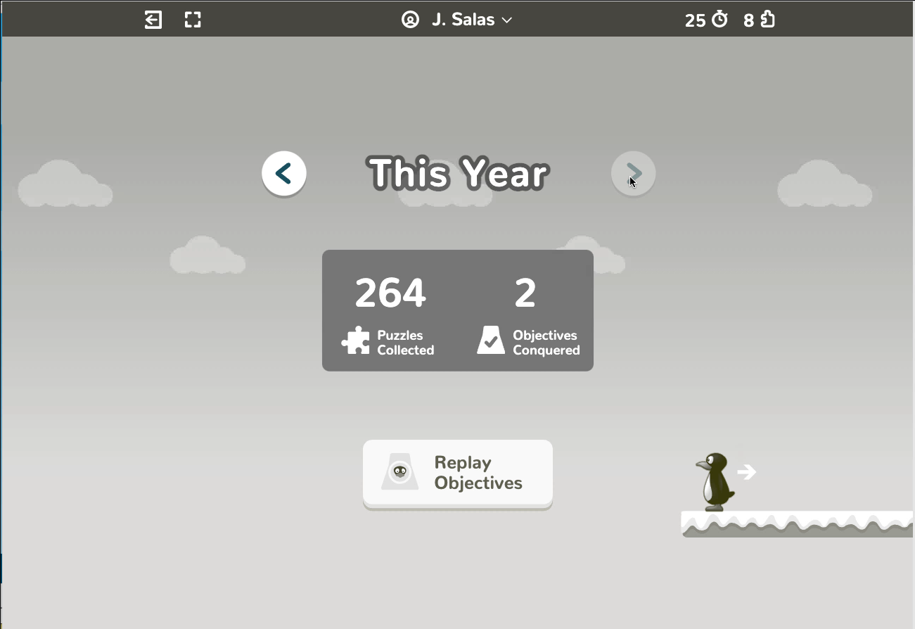 History page showing total year to date puzzles collected and objectives conquered