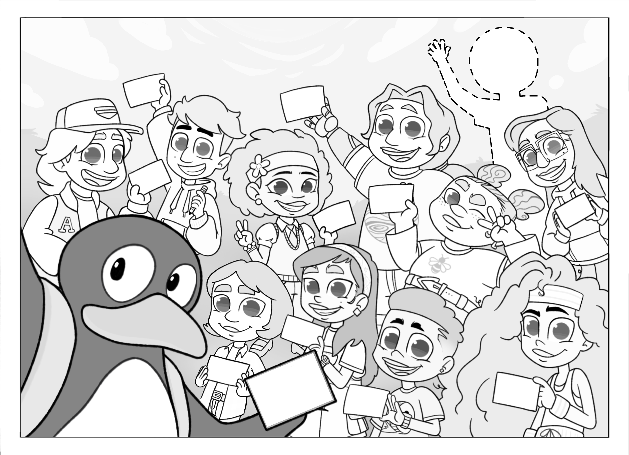 A colorless line-art image of JiJi taking a selfie with 10 childredn, each holding a postcard