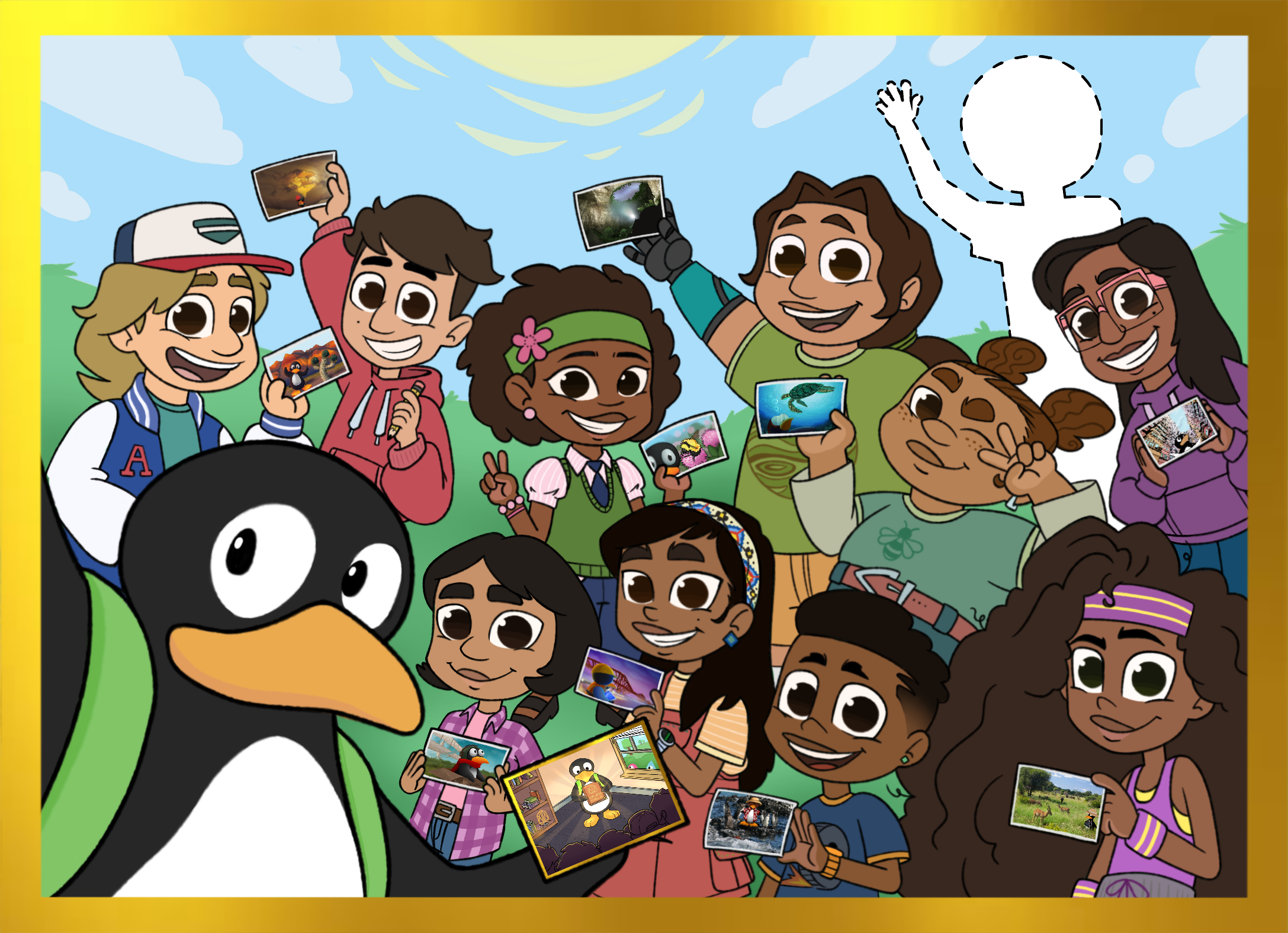 A full color image of JiJi taking a selfie with 10 childredn, each holding a postcard