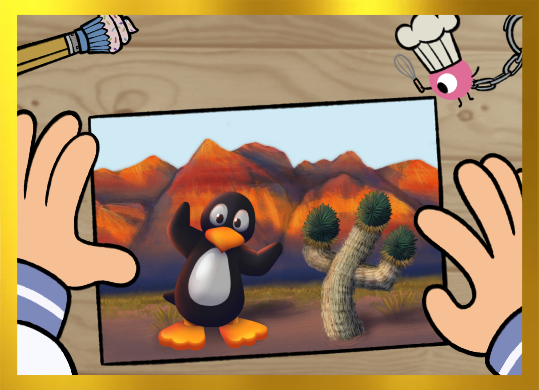 A photo of JiJi standing next to a cactus.  JiJi is holding a pose with their arms in the air to look like the cactus