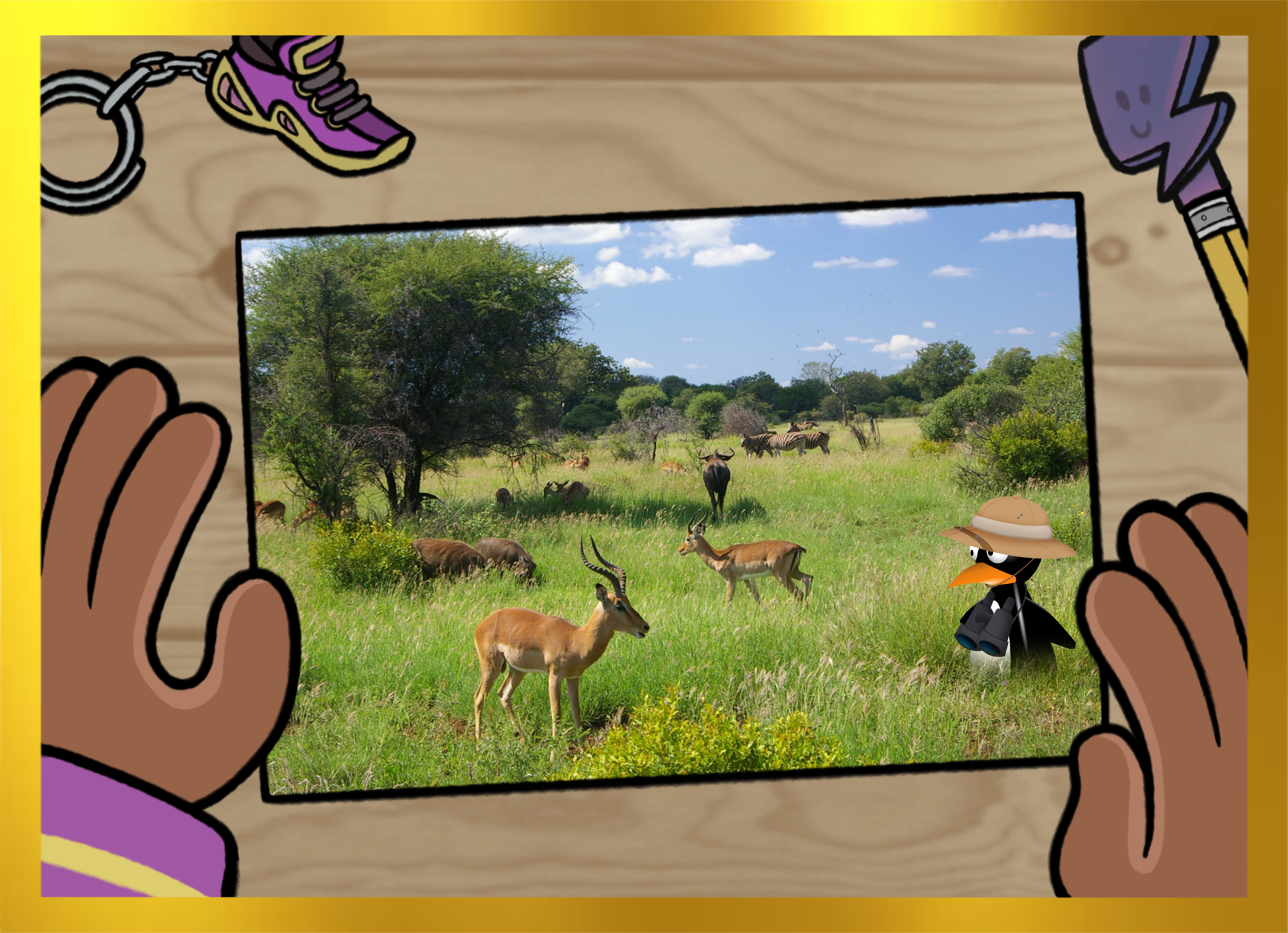A photo of JiJi wearing a safari hat and looking at a heard of grazing gazelle