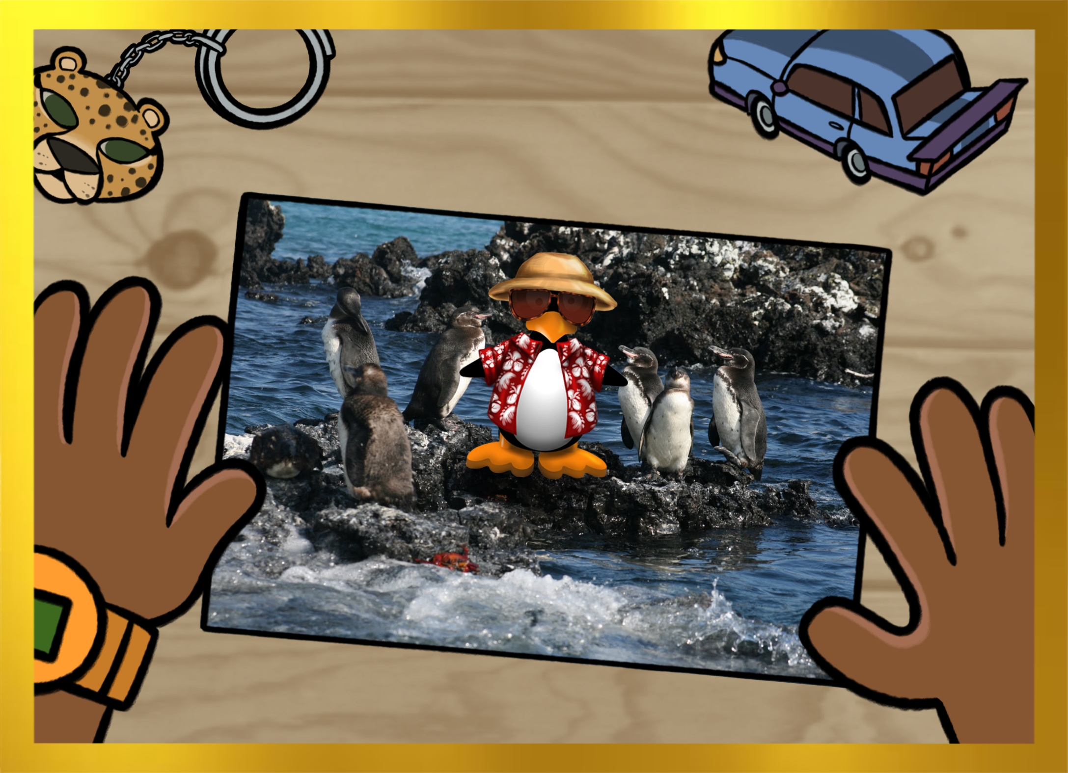 A postcard with a picture of JiJi wearing a Hawaiian shirt and sunglasses. They are standing on some rocks with some photorealistic penguins.