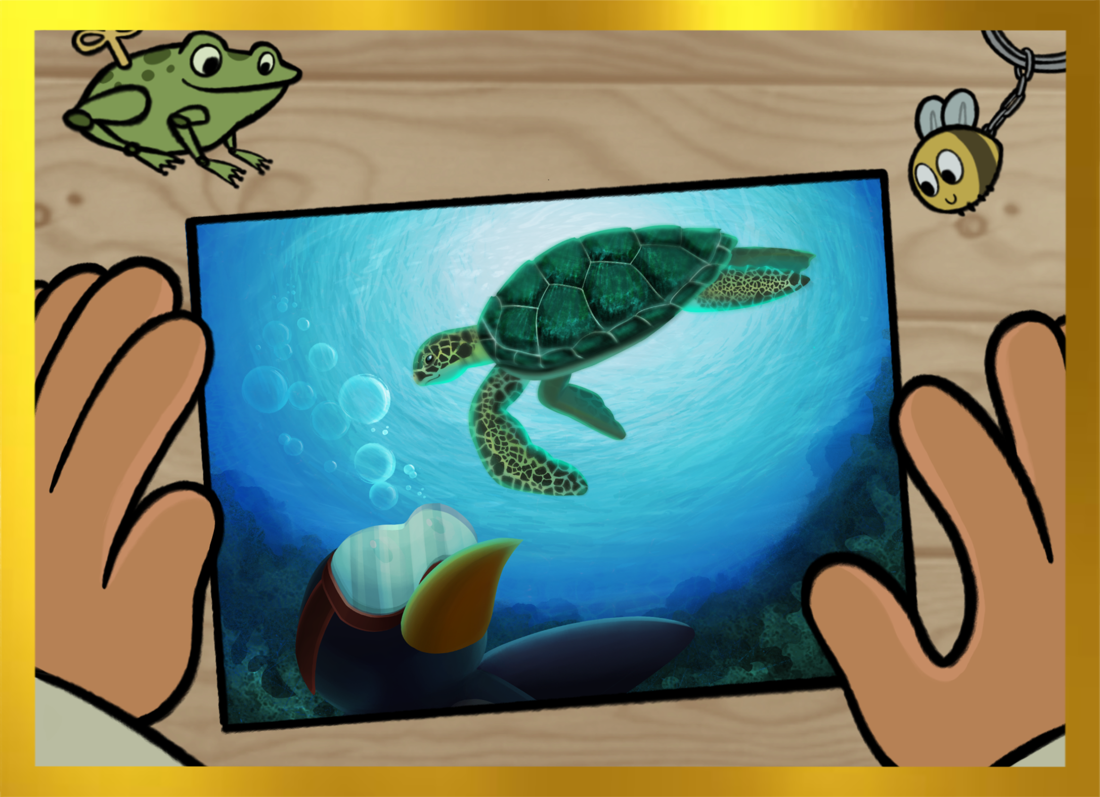 A photo of JiJi underwater wearing goggles. Above them is a large turtle